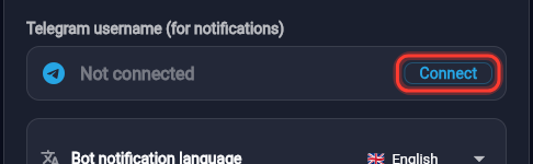 The Telegram username row with the "Connect" button
