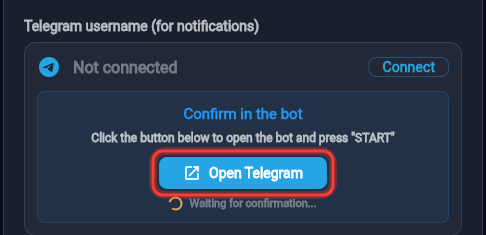 The "Confirm in the bot" card with the Open Telegram button